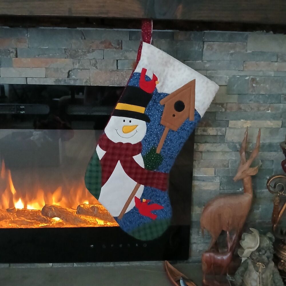 Quilt Christmas Stocking with Snowman Birdhouse Cardinals Holiday Decoration